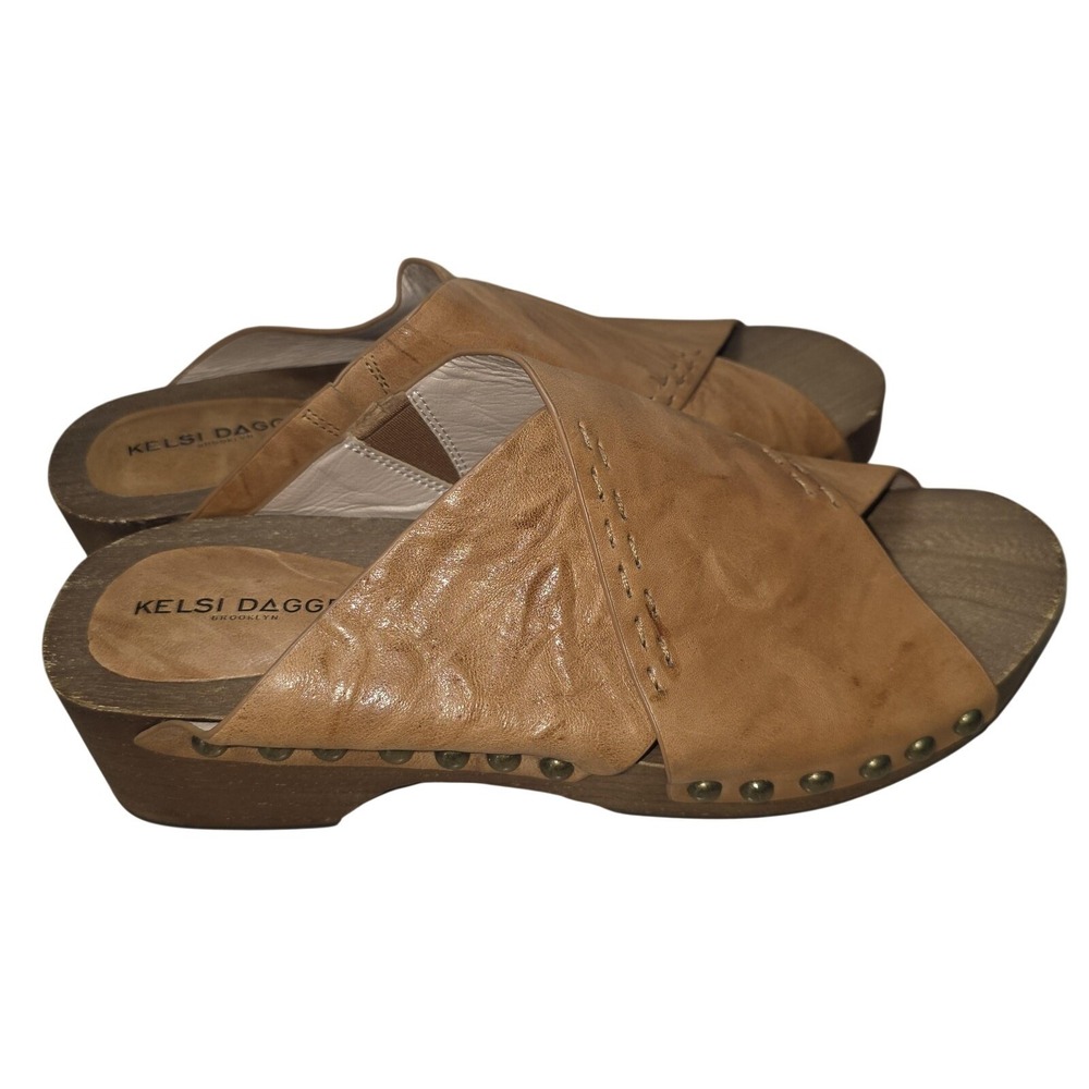 Kelsi Dagger Brooklyn Sandals Womens Size 9.5 Brown Leather Wedge Slide Studded